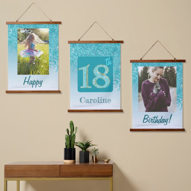 Decorative Teal Glitter 2 Photos 18th Birthday Hanging Tapestry (Asymmetrical)