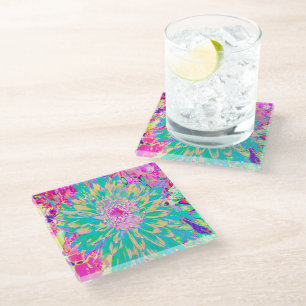 Decorative Teal Green and Hot Pink Dahlia Flower Glass Coaster