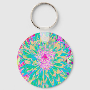 Decorative Teal Green and Hot Pink Dahlia Flower Key Ring