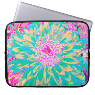 Decorative Teal Green and Hot Pink Dahlia Flower Laptop Sleeve