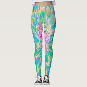 Decorative Teal Green and Hot Pink Dahlia Flower Leggings