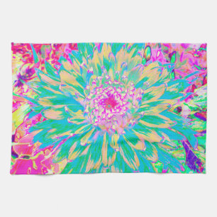 Decorative Teal Green and Hot Pink Dahlia Flower Tea Towel
