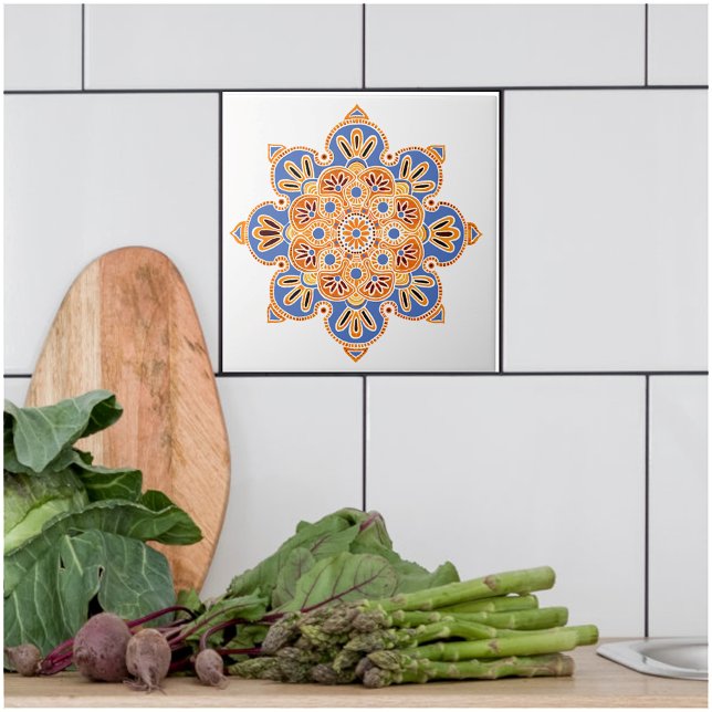 Decorative tile Medallion orange and blue (Blue and orange medallion tile for kitchen bath or fireplace.)