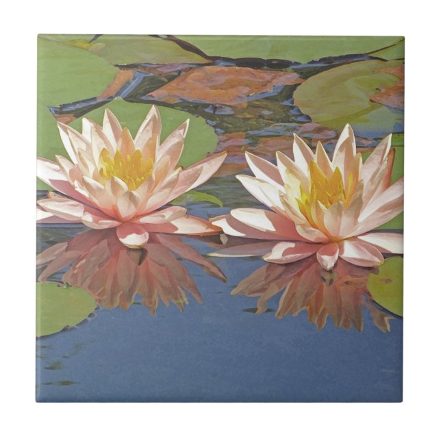 DECORATIVE TILE/ TWO PALE PEACHY-PINK WATER LILIES TILE (Front)