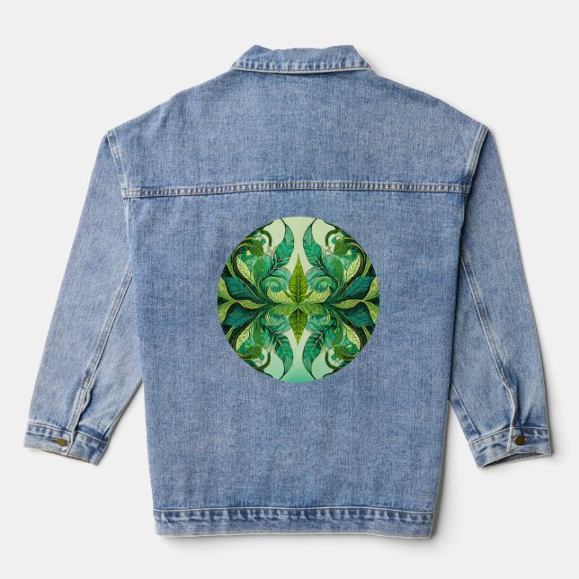 Decorative Tropical Green  Denim Jacket (Back)