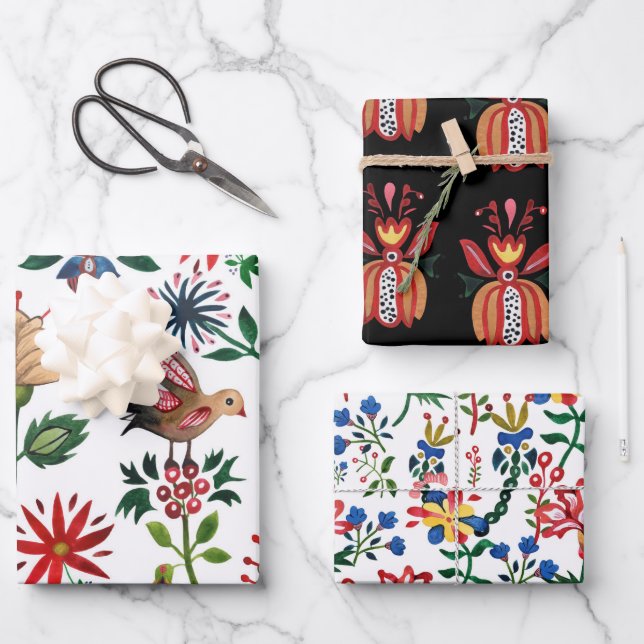 Decorative Ukrainian Flowers Wrapping Paper Sheet (Front)