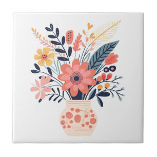 Decorative Vase and Flowers Illustrated Ceramic Tile