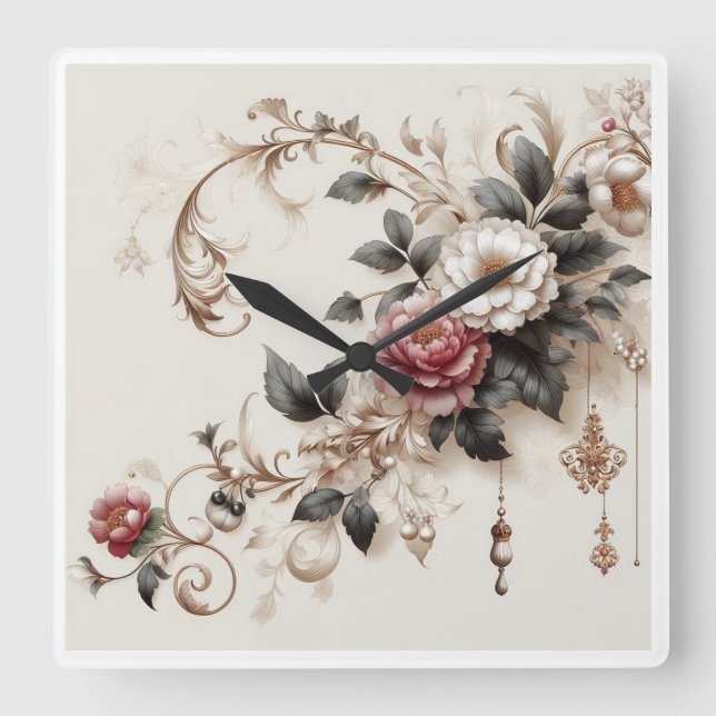 Decorative Wall Clock,Sophisticated Floral  Square Wall Clock (Front)