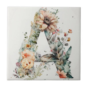 Decorative Watercolor Floral Art A Letter Ceramic Tile