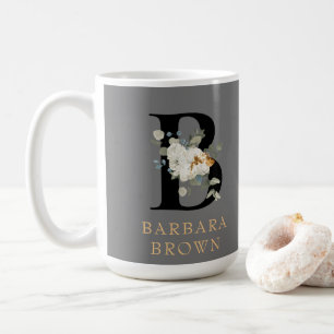 Decorative White Floral Gold Accents Monogram B Coffee Mug