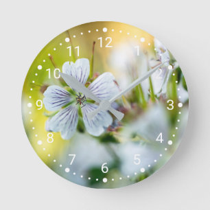 Decorative White Geranium Flower Soft Bokeh Photo Round Clock