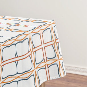 Decorative White Orange Blue Detailed Grid Pattern Tablecloth