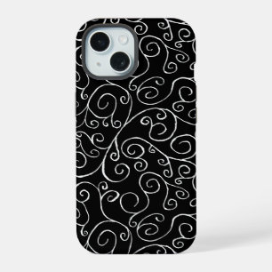 Decorative White Scrolling Curves on Black iPhone 15 Case