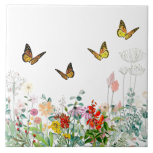 Decorative Wildflowers and Butterflies  Ceramic Tile
