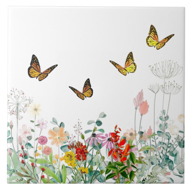 Decorative Wildflowers and Butterflies  Ceramic Tile (Front)