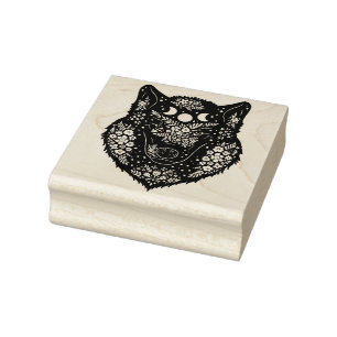 Decorative Wolf With Flowers And Moon Rubber Stamp