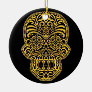 Decorative Yellow and Black Sugar Skull Ceramic Tree Decoration