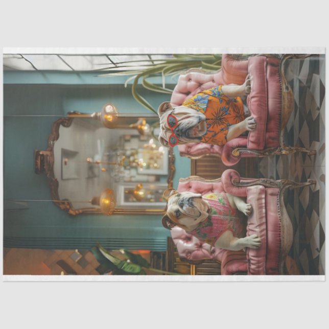 Decoupage 2 Chic Bulldogs in Pink Salon  Tissue Paper (Front)