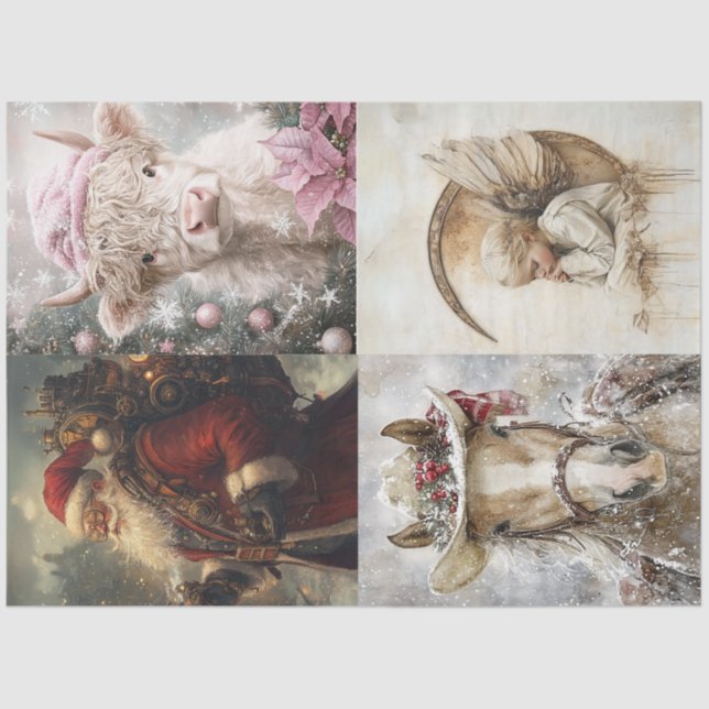 Decoupage 4 Designs Santa Highland Cow Angel Horse Tissue Paper (Front)