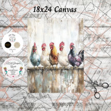 Decoupage 5 Chickens on a Fence 18x24 Canvas