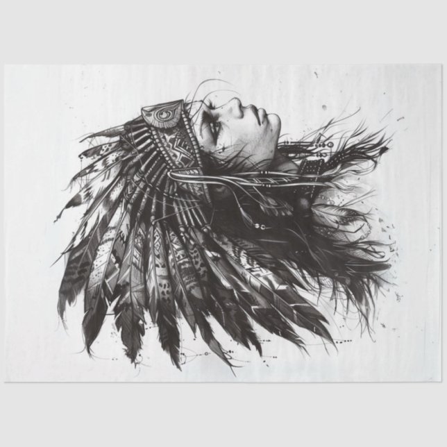 Decoupage American Indian Lady Black White Drawing Tissue Paper (Front)