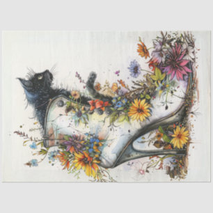 Decoupage Artistic High Heeled Boot Cat Flowers Tissue Paper