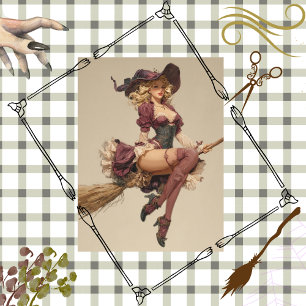 Decoupage Beautiful Witch Flying Broomstick Lace  Tissue Paper