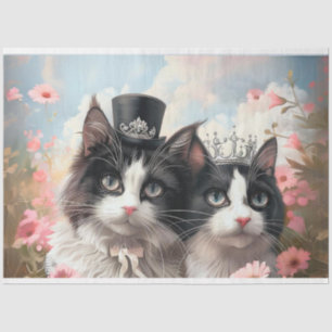 Decoupage Black White Cat Couple Field Flowers Tissue Paper