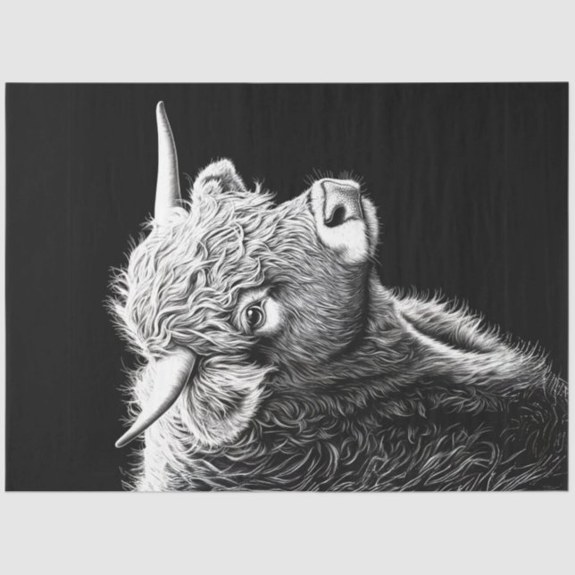 Decoupage Black White Highland Cow Ink Drawing  Tissue Paper (Front)