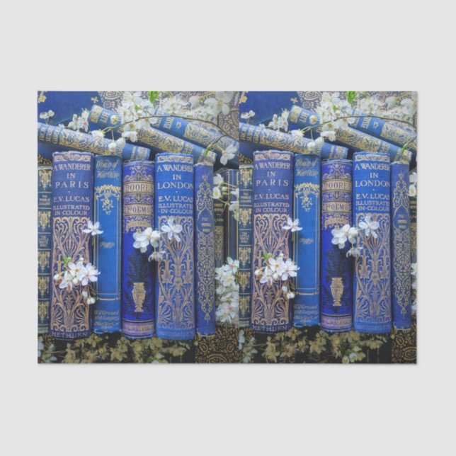 Decoupage Blue Book Spines & Blossoms Tissue Paper (Front)