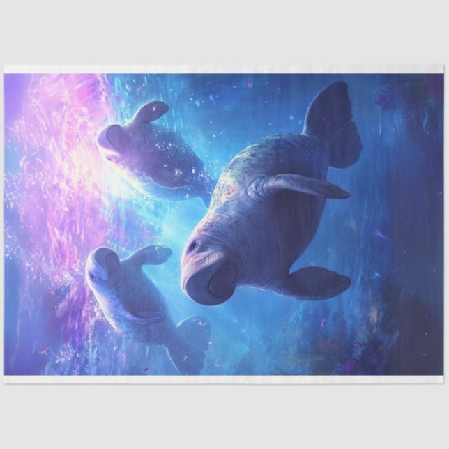 Decoupage Blue Caribbean Waters Manatee Family  Tissue Paper (Front)