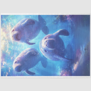 Decoupage Blue Ocean Waters Sad Manatee Family Tissue Paper