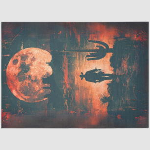 Decoupage Bold Western Scene Cowboy Orange Moon  Tissue Paper