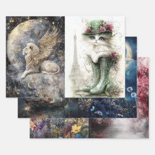 Decoupage Buddha, Girl Rabbit, Dandelions, Cat Wrapping Paper Sheet