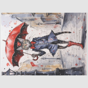 Decoupage Cat with red umbrella waling in the rain Tissue Paper