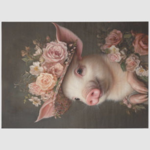 Decoupage Charming Pig Ordained in Pink Flowers Tissue Paper