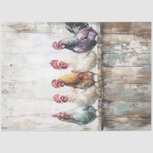 Decoupage Chickens Perched Distressed Peeling Wall Tissue Paper (Front)