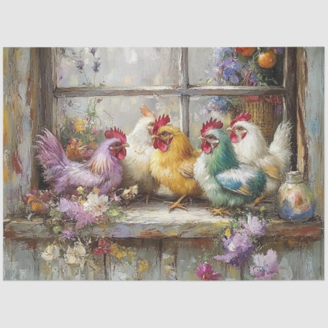 Decoupage Chickens Perched on Windowsill  Tissue Paper (Front)