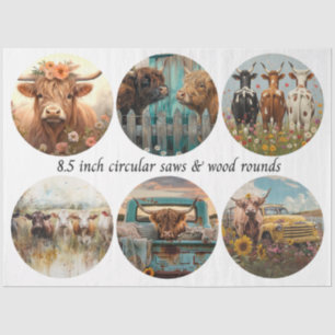 Decoupage Circular Saw Highland Cows 8.5" Rounds Tissue Paper