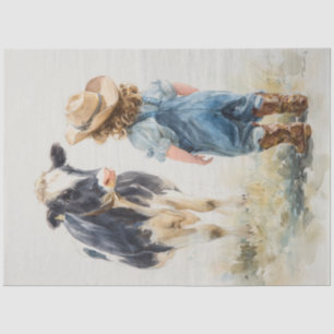Decoupage Cow & Lil Girl Talking in Field  Tissue Paper