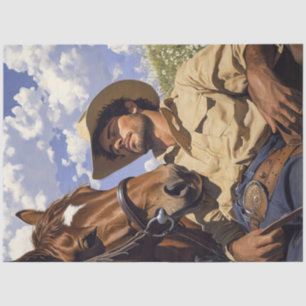 Decoupage Cowboy & Horse Resting Field Sunny Day Tissue Paper