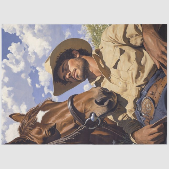 Decoupage Cowboy & Horse Resting Field Sunny Day Tissue Paper (Front)