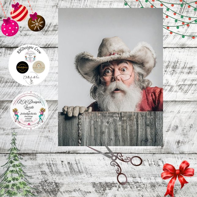 Decoupage Cowboy Santa Claus Peeking Over Fence Tissue Paper (Creator Uploaded)