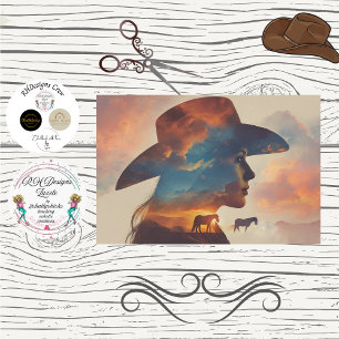 Decoupage Cowgirl Silhouett Sunset Scene & Horses Tissue Paper