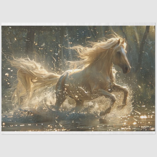 Decoupage Cream Coloured Horse Running in Stream  Tissue Paper (Front)
