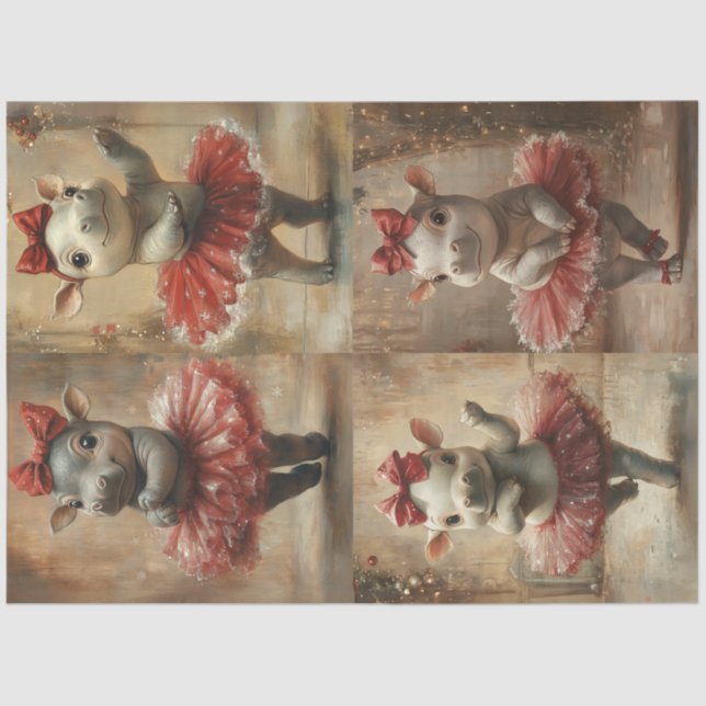 Decoupage Cute Hippo Dancing in Christmas Tutu Tissue Paper (Front)