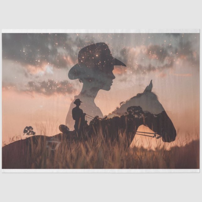 Decoupage Double Exposure Cowboy & Horse Tissue Paper (Front)