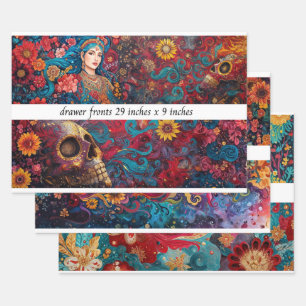 Decoupage Drawer Front Skull Vibrant Floral Colors Wrapping Paper Sheet