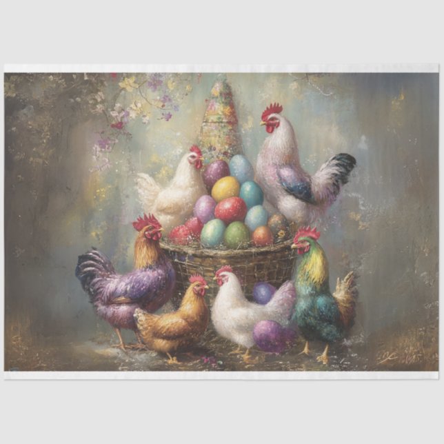Decoupage Easter Chickens Roosters Bright Eggs  Tissue Paper (Front)