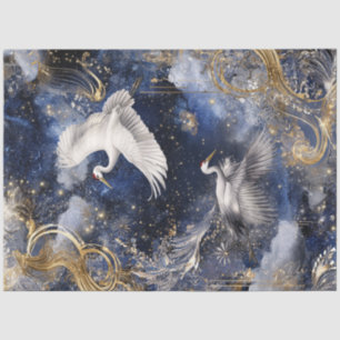 Decoupage Elegant Cranes in Flight Blue Gold Sky Tissue Paper